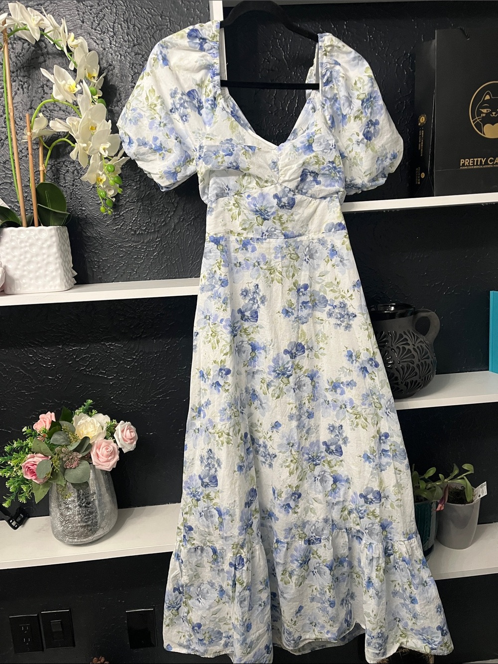 White Maxi Dress with Blue Floral Print